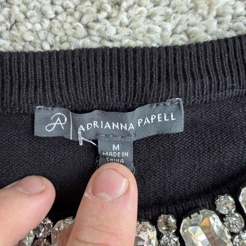 Adrianna Papell Sweater Womens M Black Embellished Jewel Neck 3/4 Sleeve